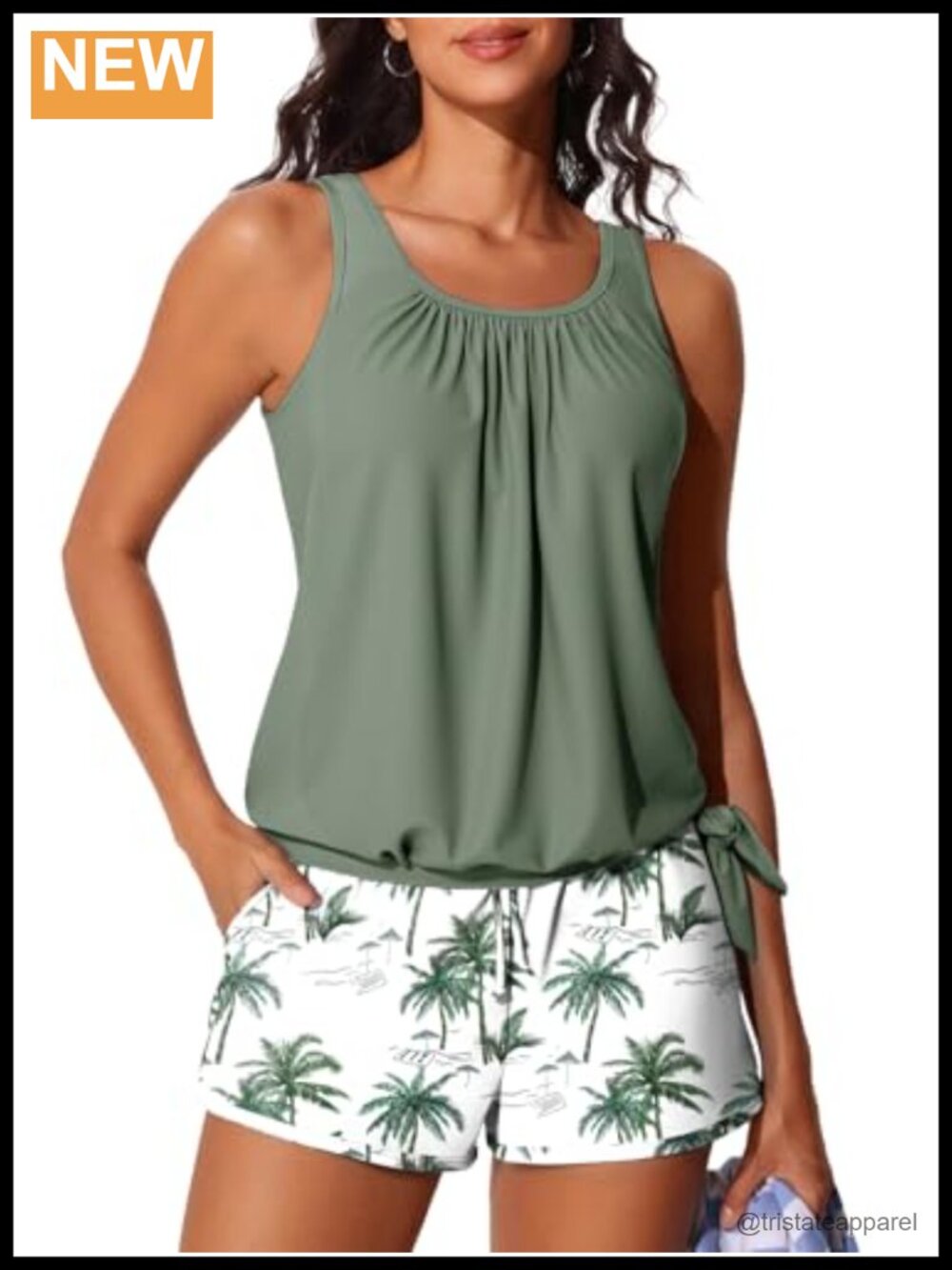 Women's Blouson Tankini Swimsuits with Shorts Side Tie Pockets